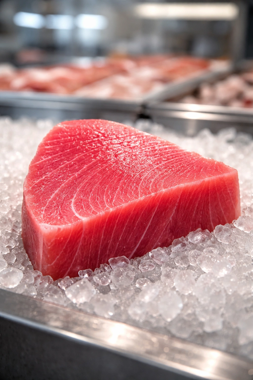 Fresh tuna steak on ice at a fish counter