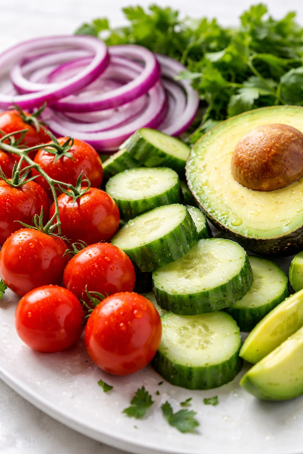 Close-up of glossy fresh vegetables: tomatoes, cucumber, red onion, avocado