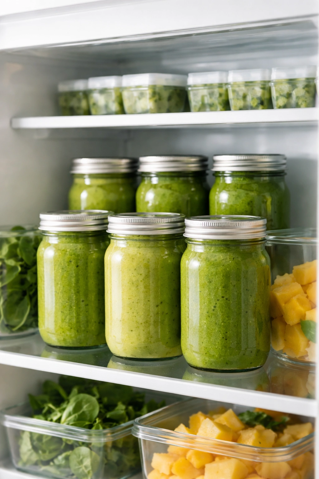 Airtight glass jars with smoothies stored in a refrigerator