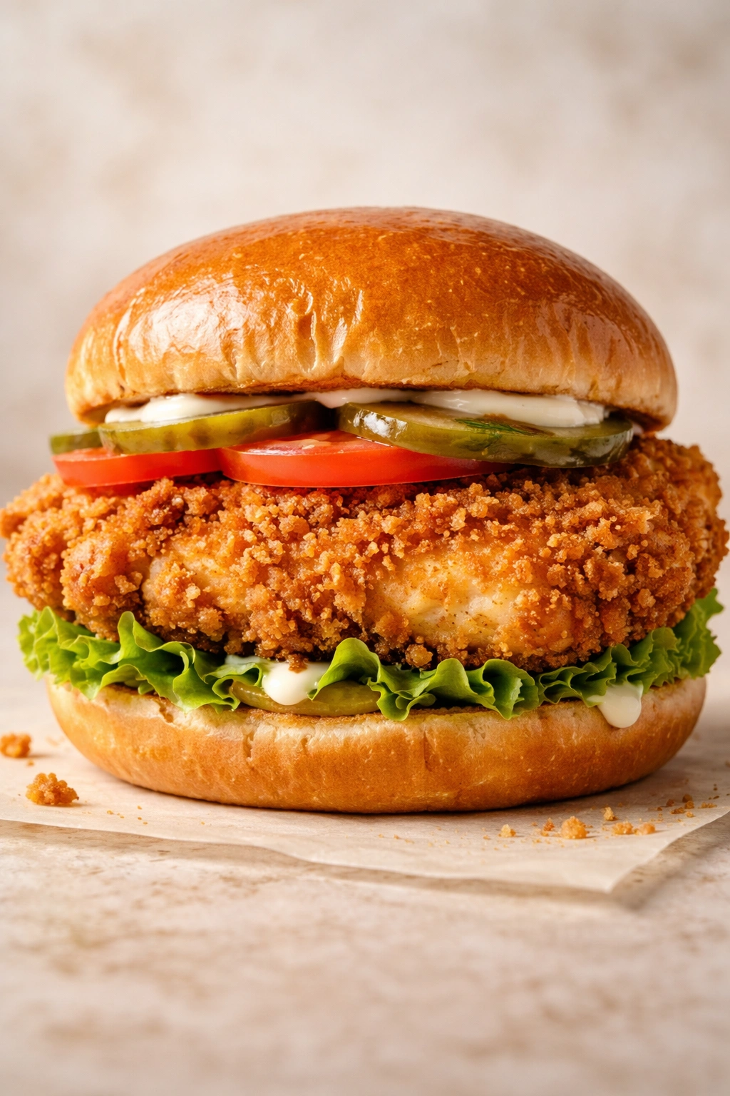 Crispy fried chicken patty in a burger bun