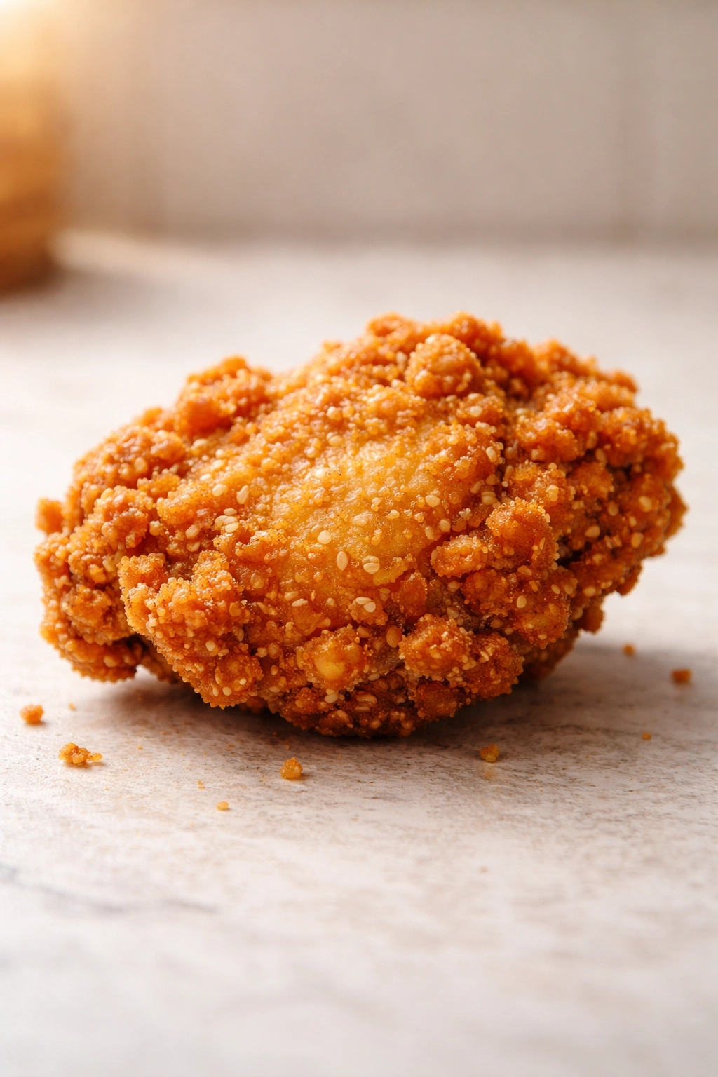 Golden crust fried chicken piece on neutral surface