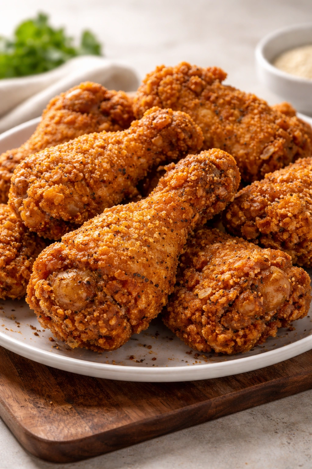Close-up of crispy fried chicken with seasoned crust on plate