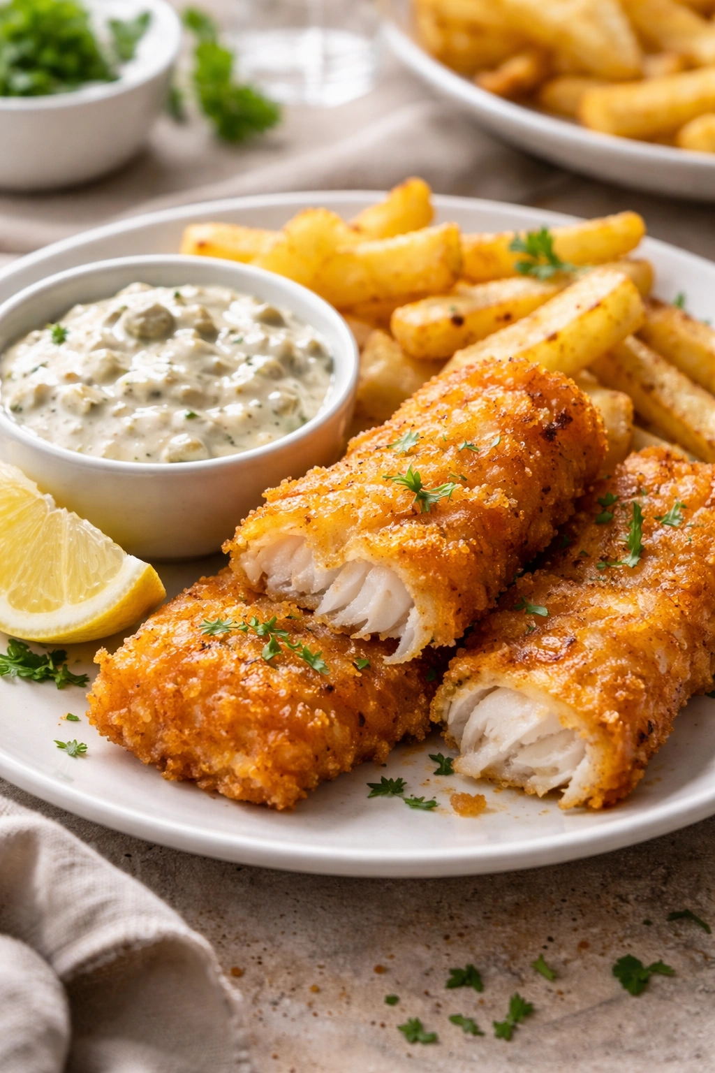 Fried cod with tartar sauce on a white plate