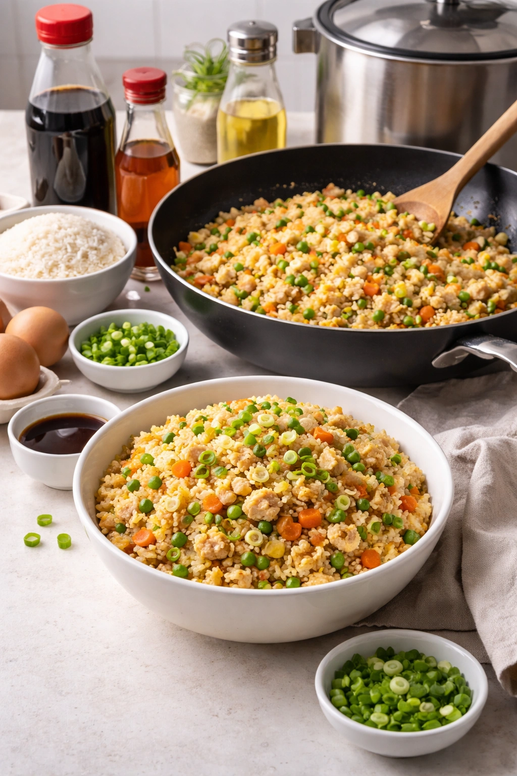Fried rice in a bowl with vegetables