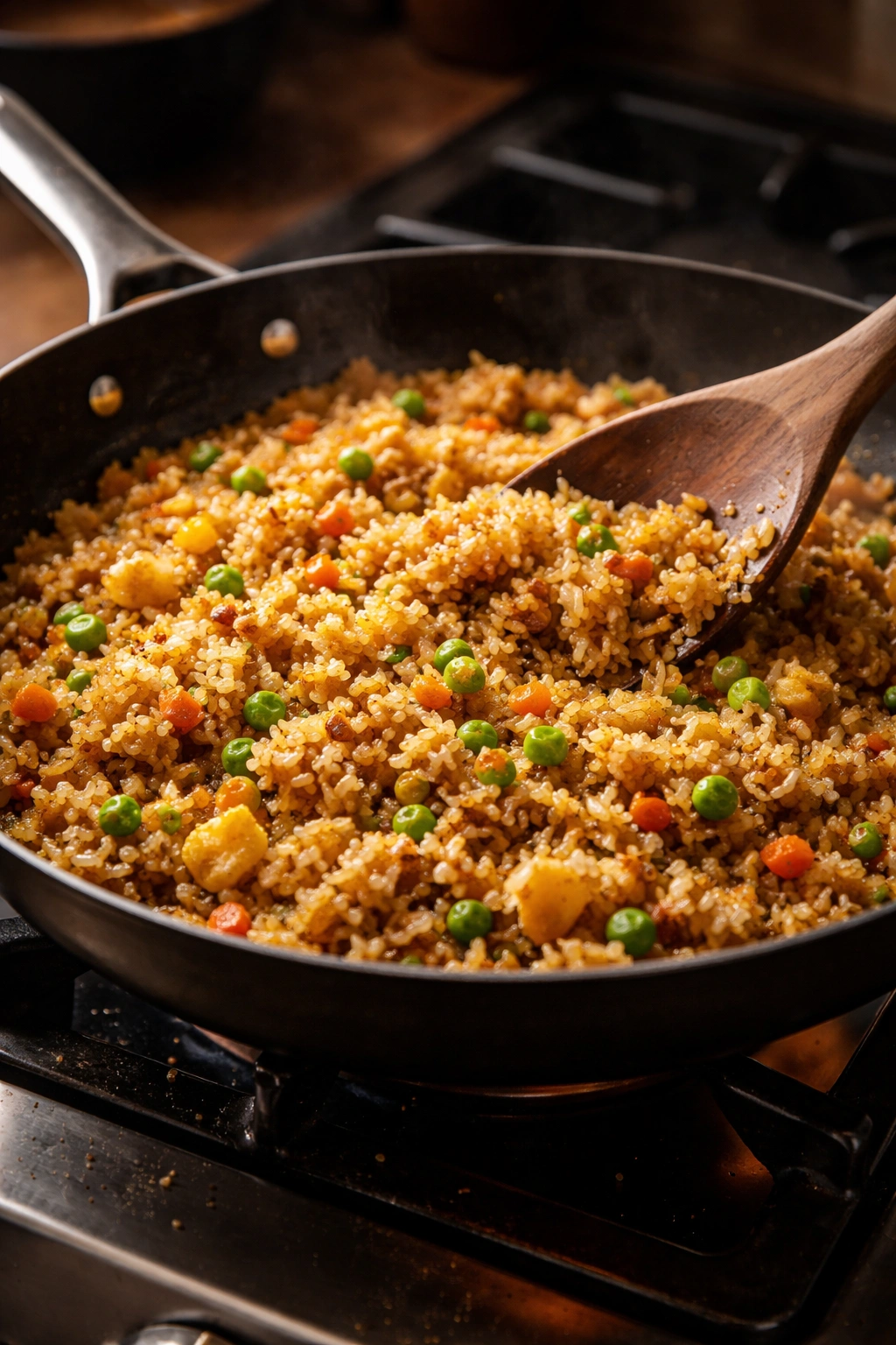 Close-up of browned fried rice in a nonstick skillet with crisp edges