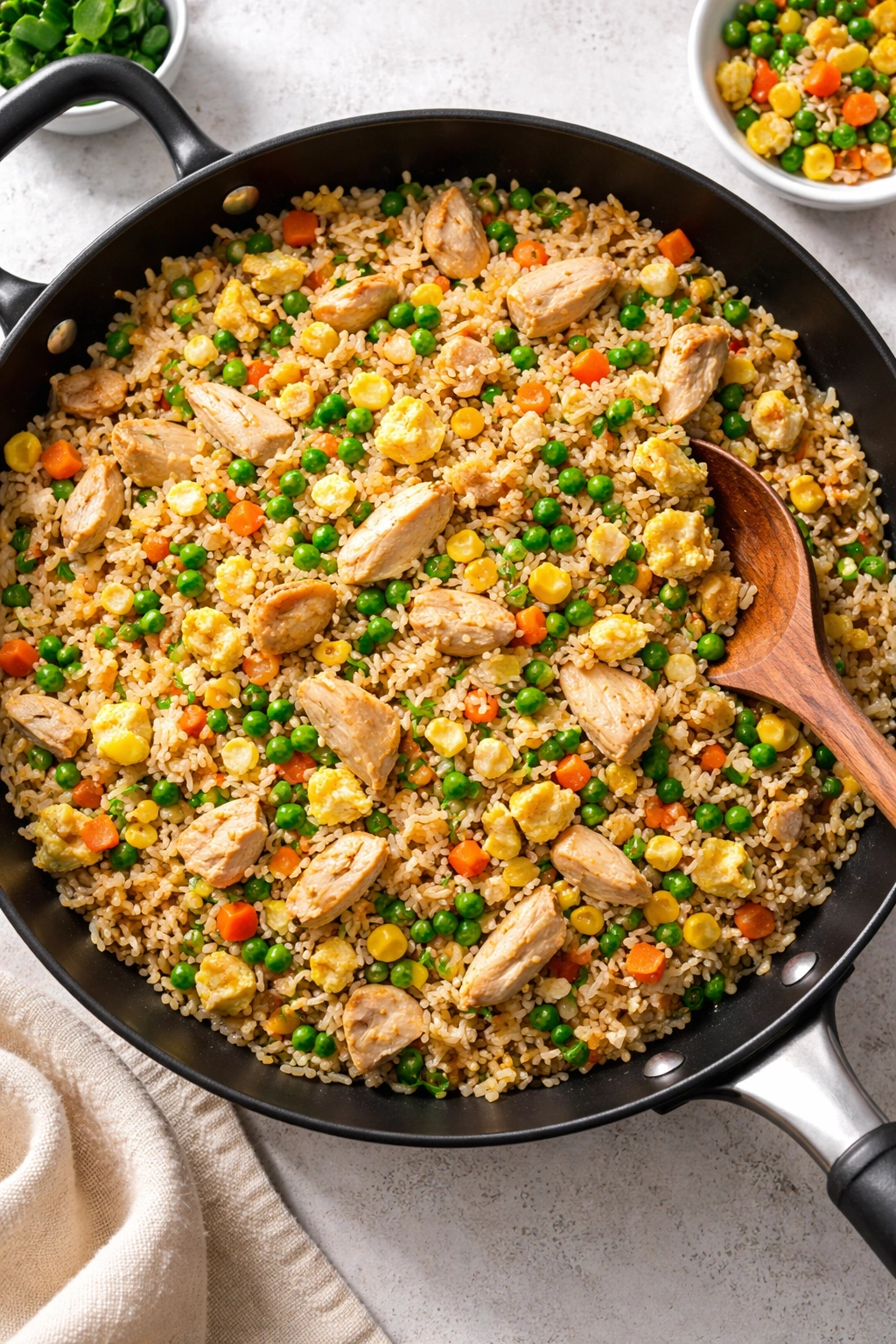 Fried rice with egg and peas in a skillet