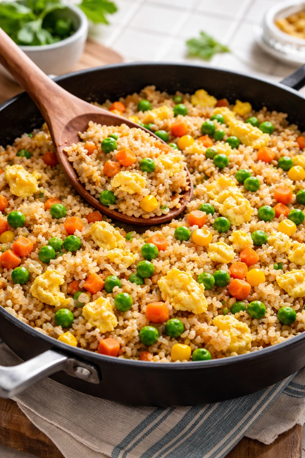 Fried rice with scrambled eggs and vegetables in a skillet
