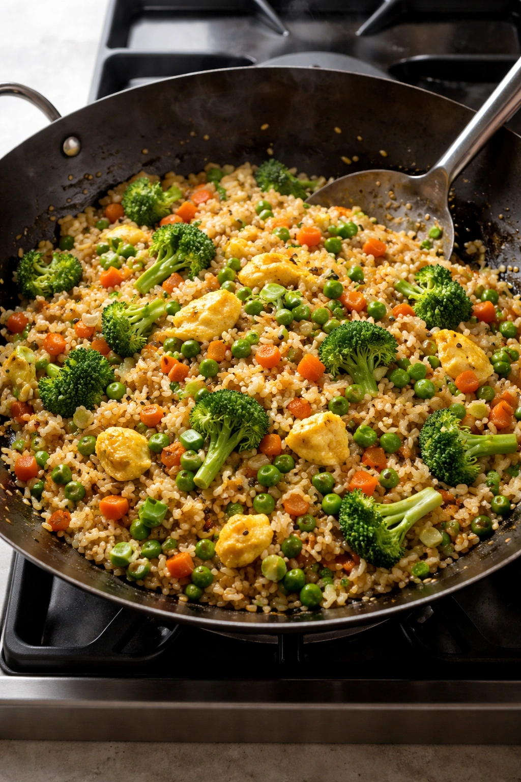 Colorful vegetable fried rice with eggs in a wok