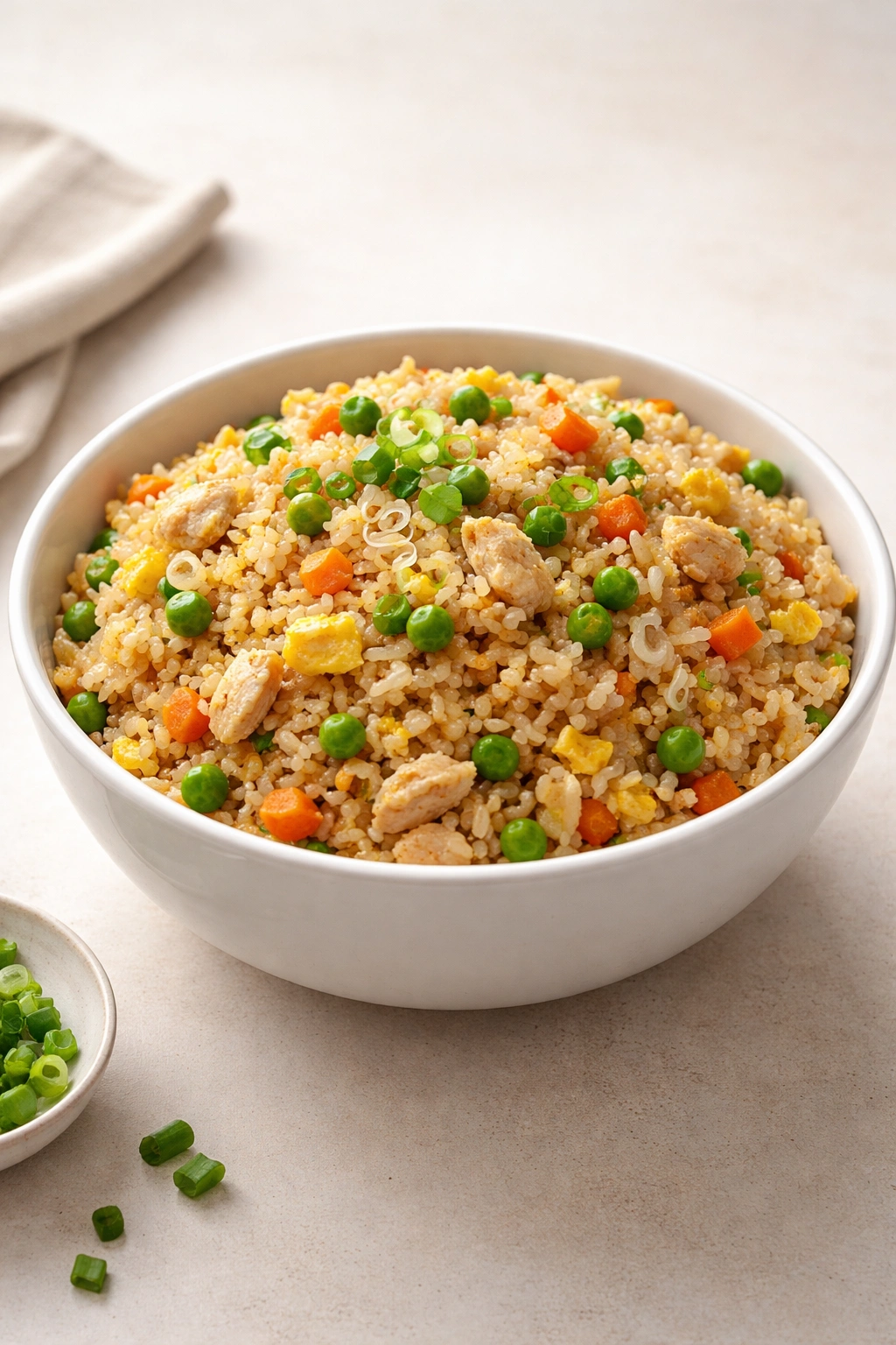 Simple bowl of fried rice ready to serve on a neutral background