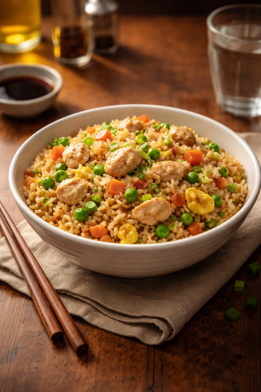 Single bowl of chicken fried rice on a warm wooden table