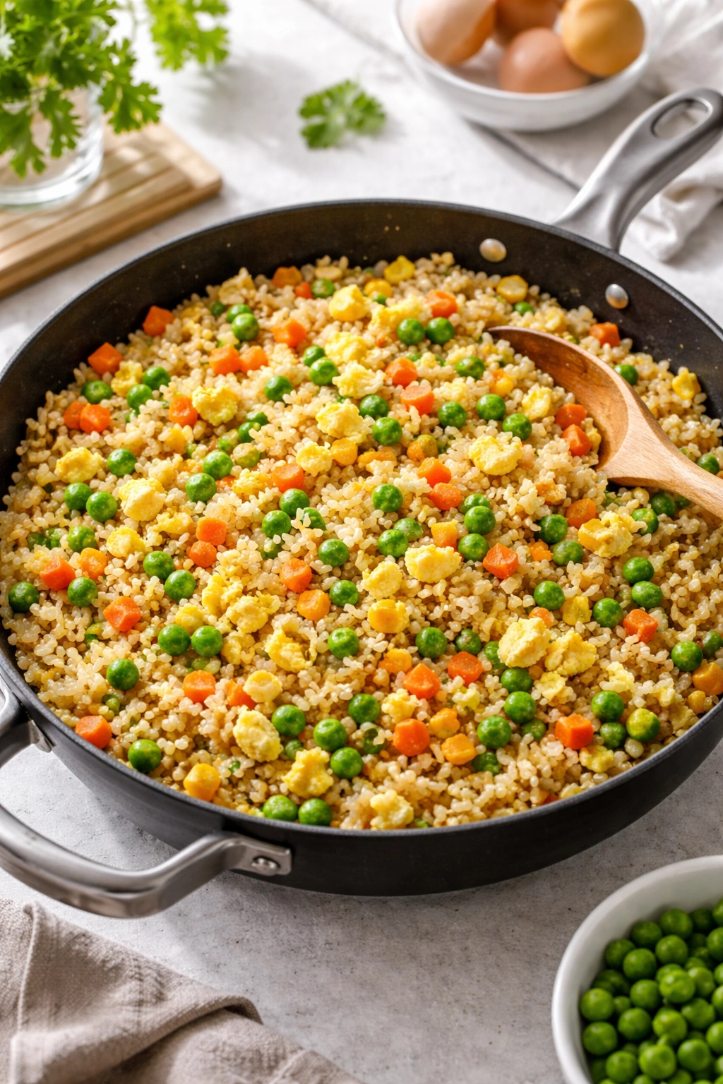 Colorful fried rice with mixed frozen vegetables in a skillet