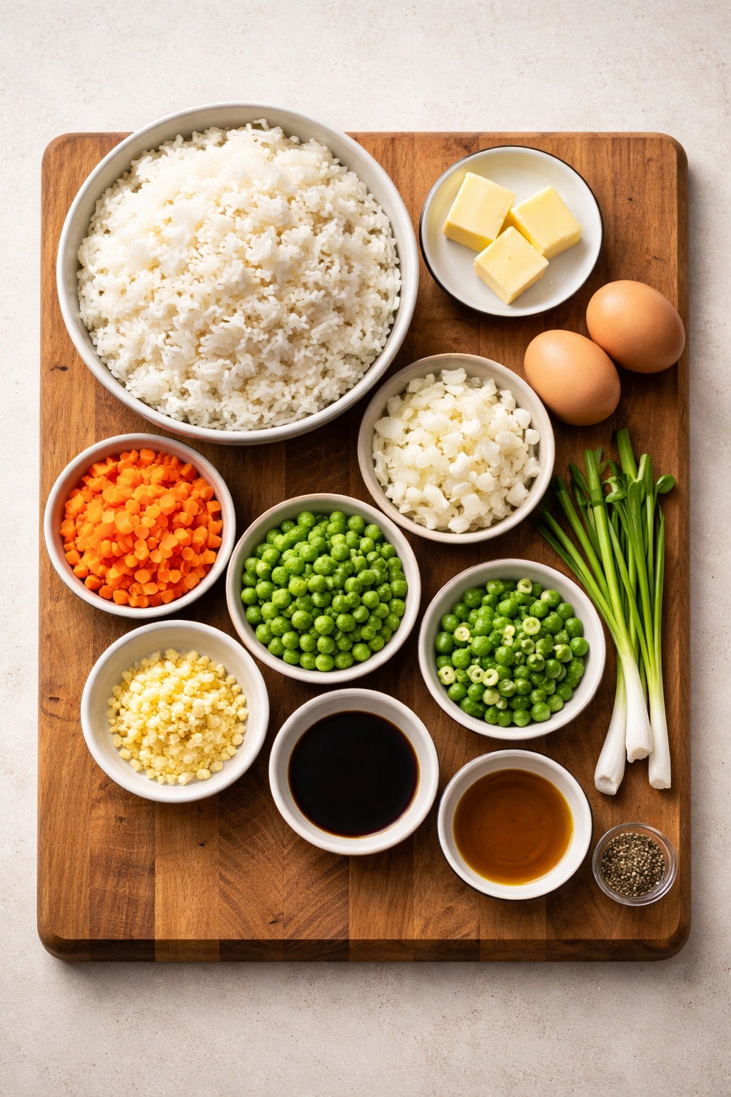 Assorted fried rice ingredients neatly arranged on a wooden board