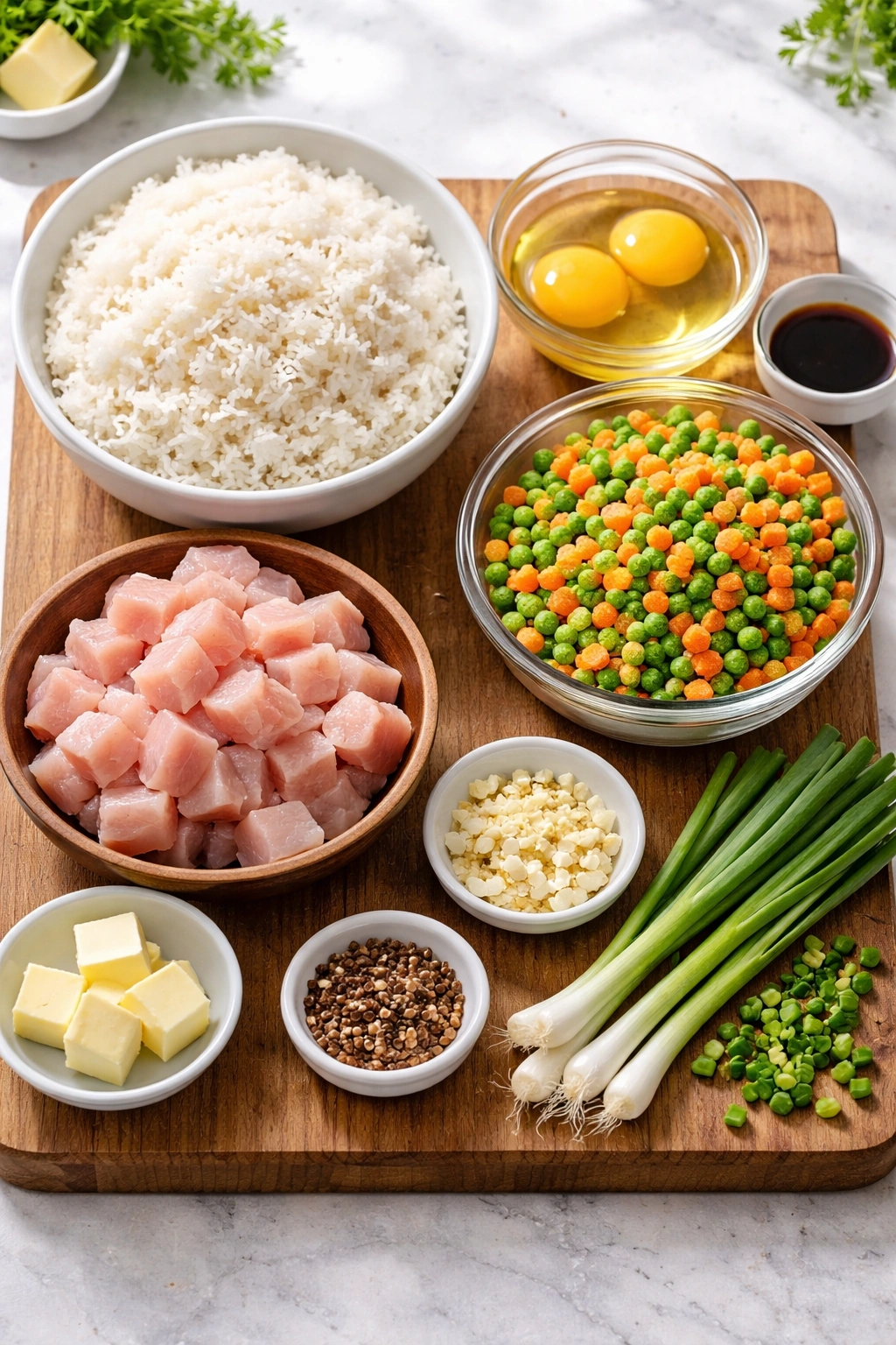 Assorted fried rice ingredients arranged on a wooden board