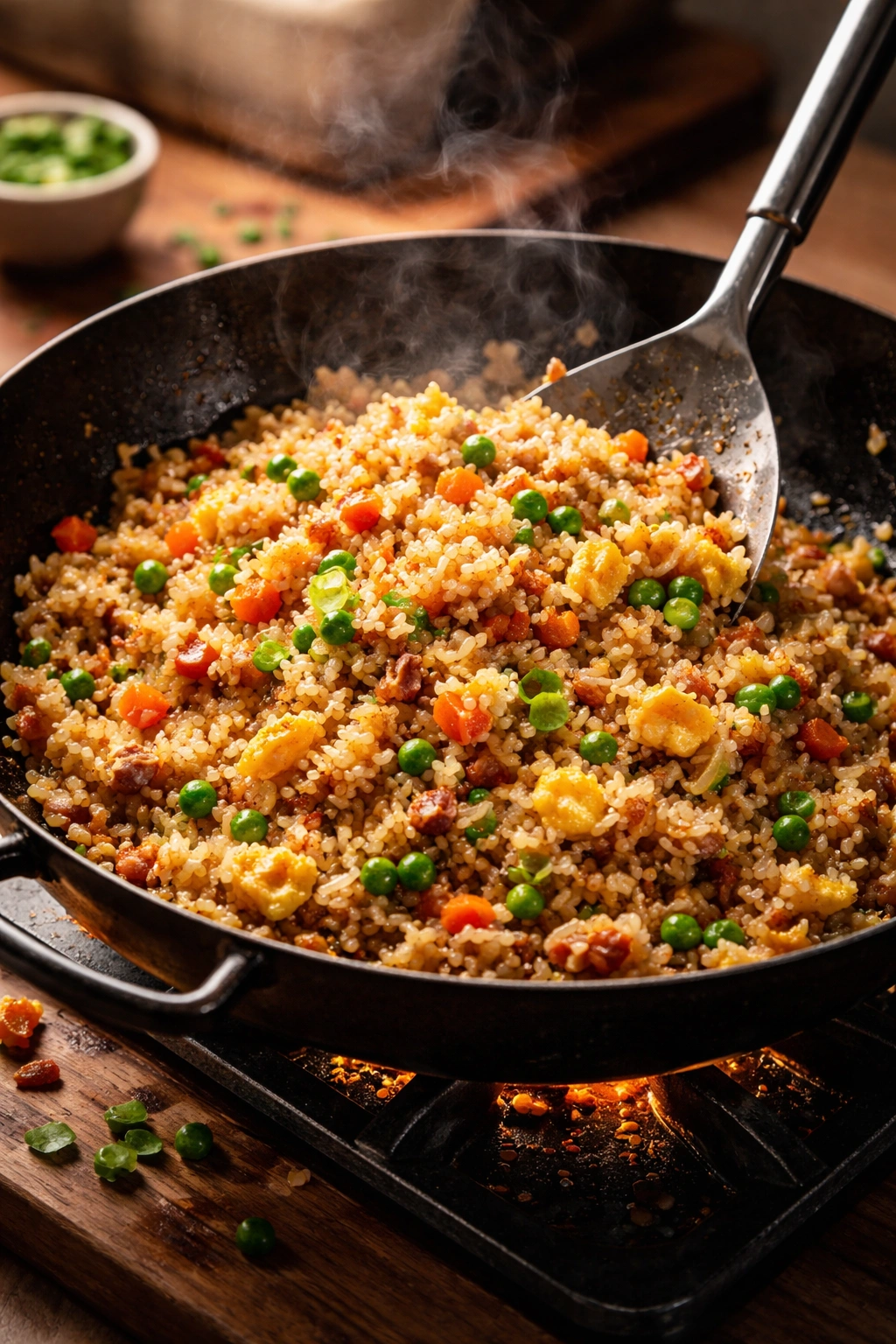 Leftover fried rice in a hot wok with golden grains and vegetables