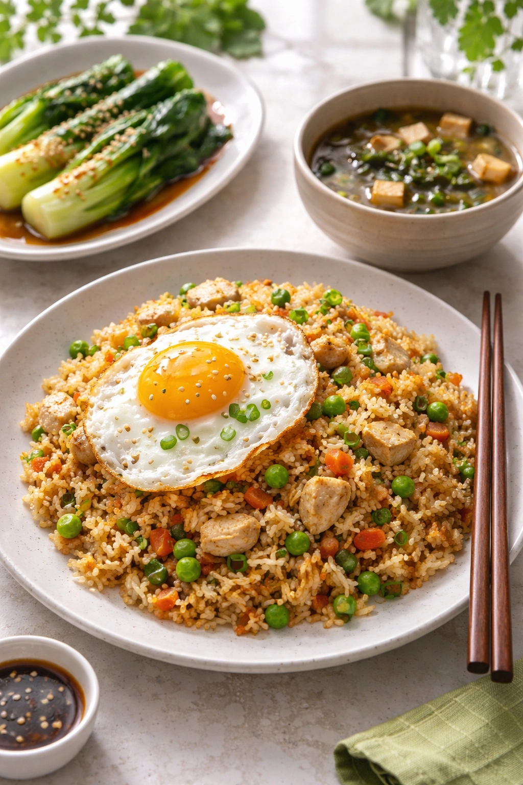 Close-up of chicken fried rice with egg, miso soup, and bok choy on a light table