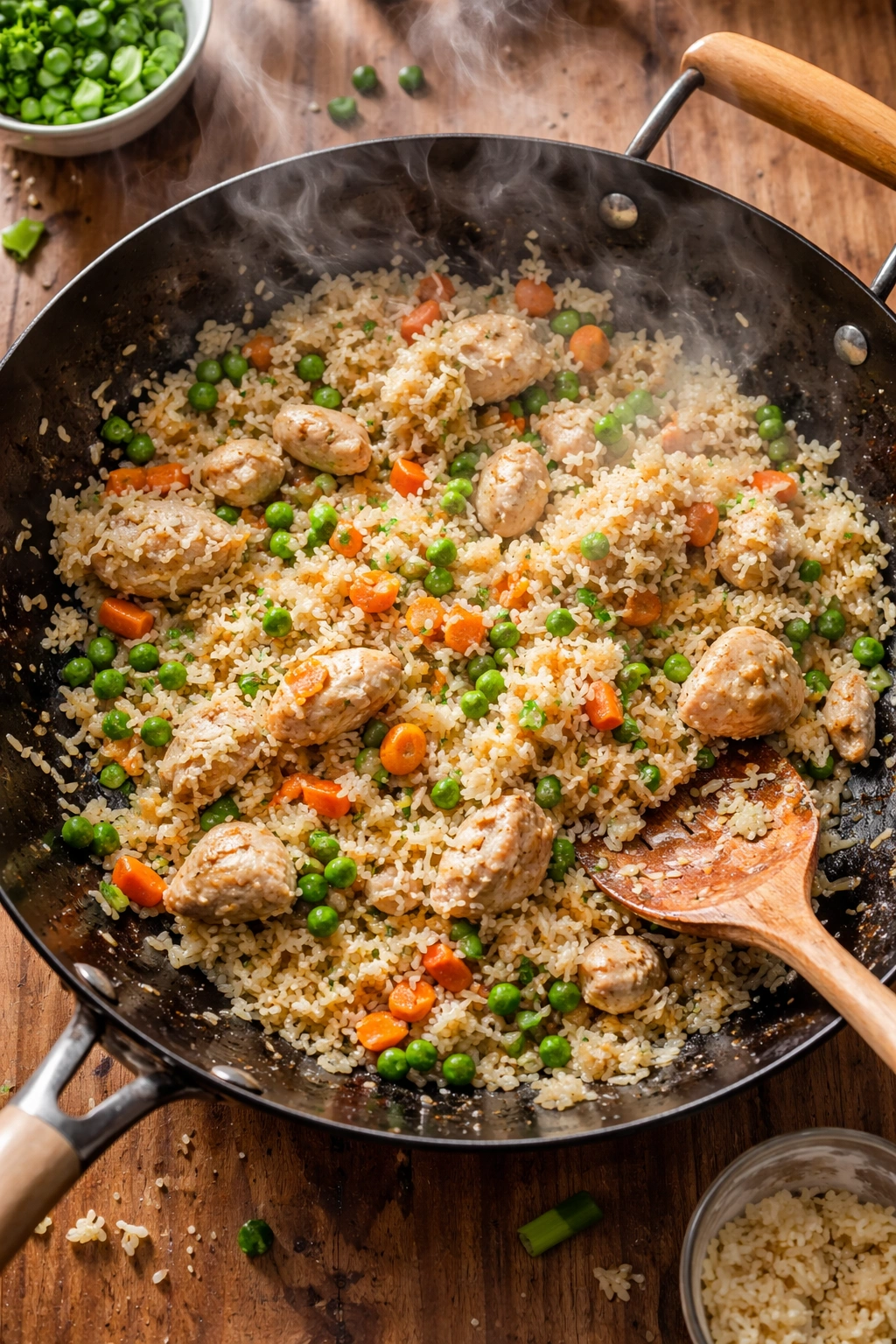 Pan of fried rice showing clumps and moisture from common mistakes