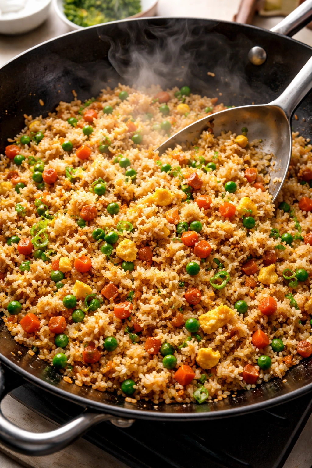 Separated fried rice grains frying in a hot skillet to avoid mushy texture