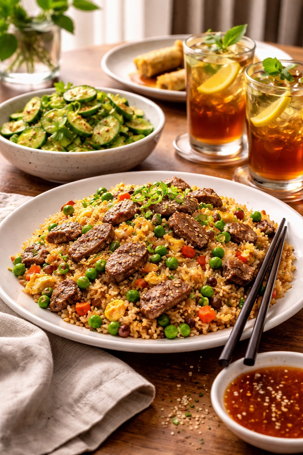 Beef fried rice plated with sesame garnish and cucumber side dish