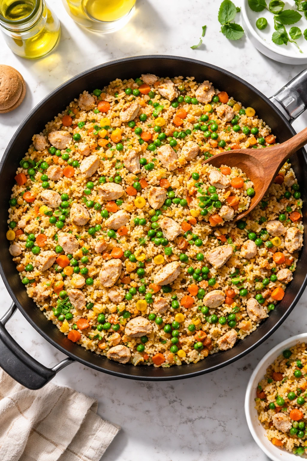 Fried rice with rotisserie chicken and vegetables in a skillet