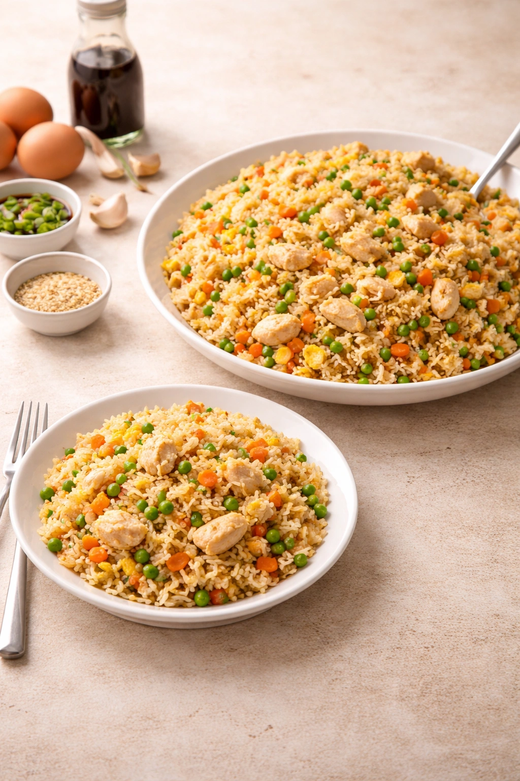 Two fried rice portions on separate plates showing small and large servings