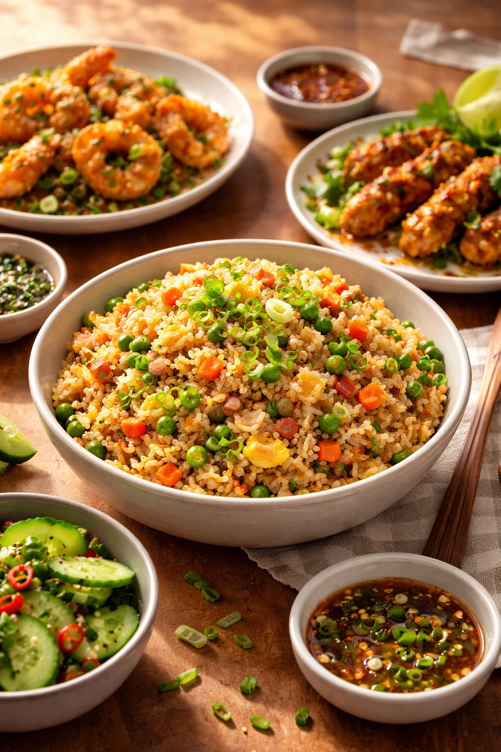 Fried rice served in a bowl with light garnish on a plate