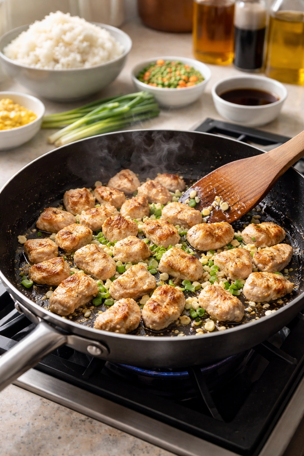 Skillet with chicken browning for fried rice with garlic and onions