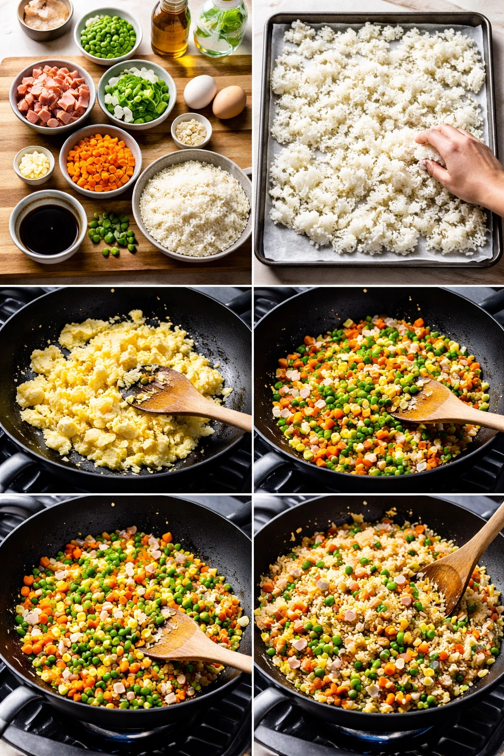 Multi-panel sequence of fried rice preparation stages