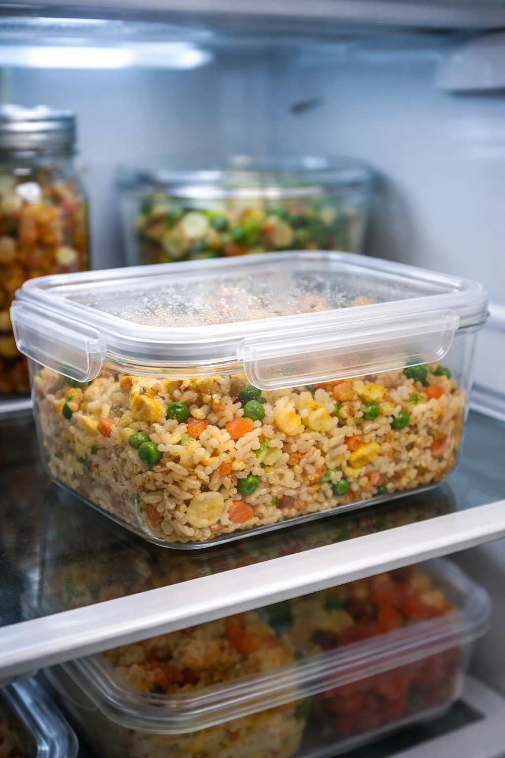 Leftover fried rice stored in an airtight container in the fridge