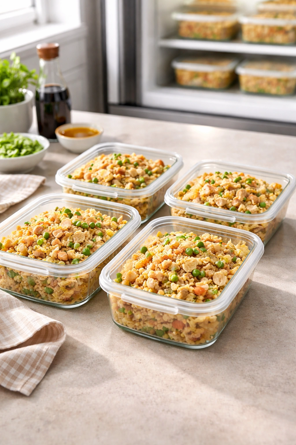 Stack of airtight containers with fried rice for storage
