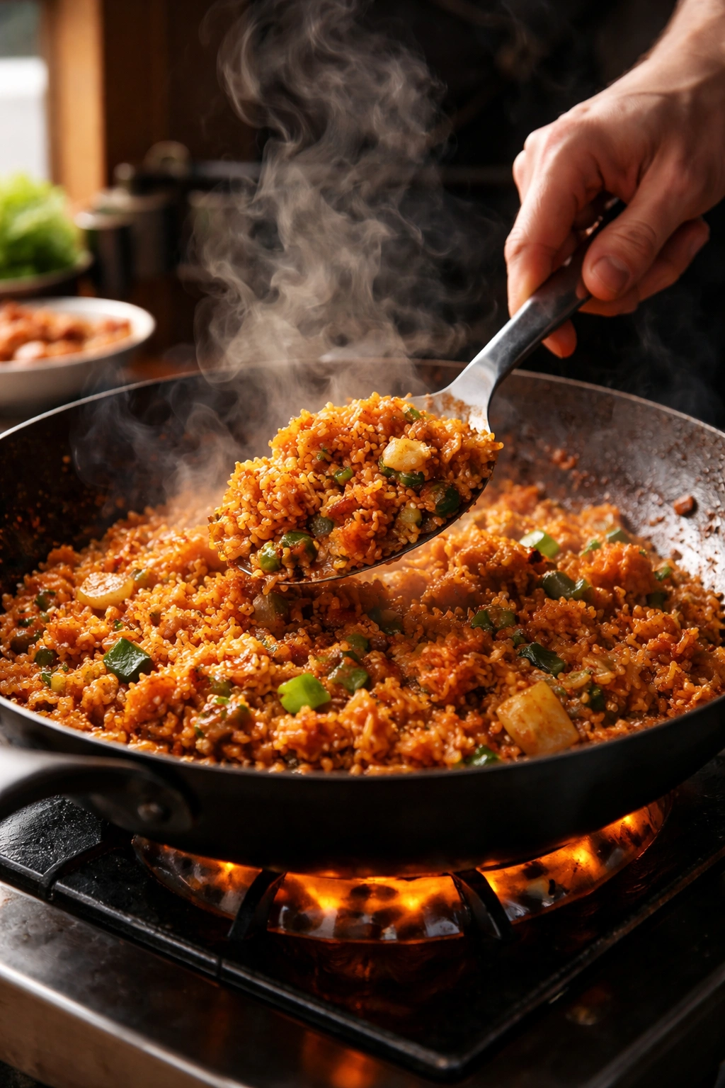 Close-up of hands stirring fried rice in a skillet