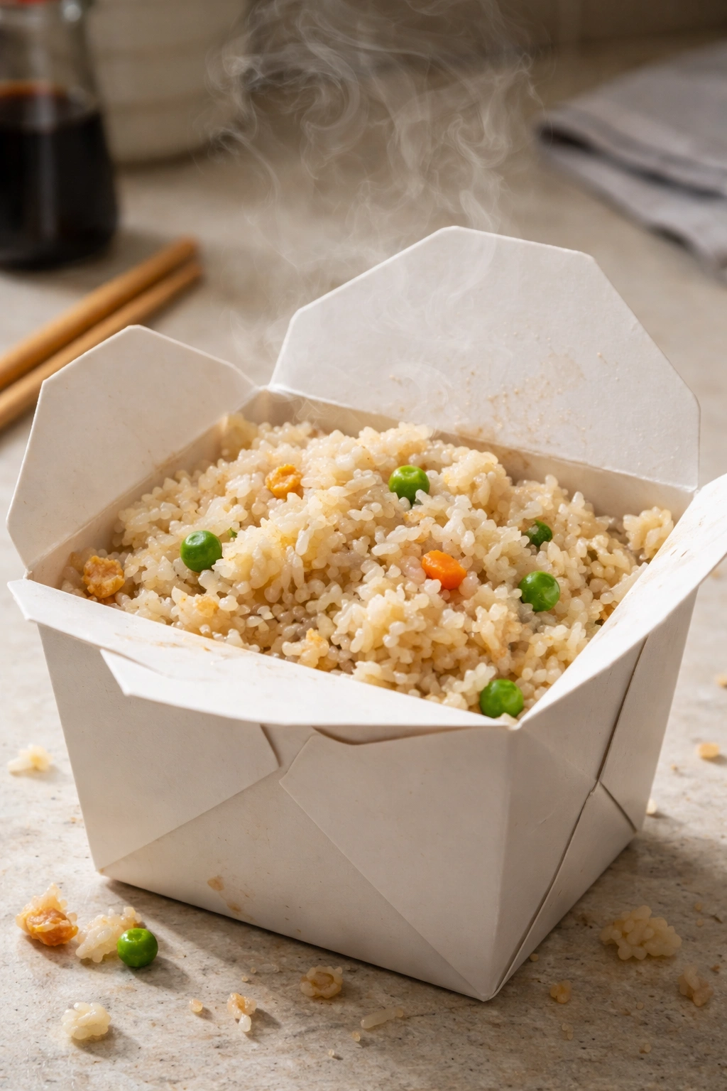 Close-up of pale, clumpy fried rice in a takeout container with steam