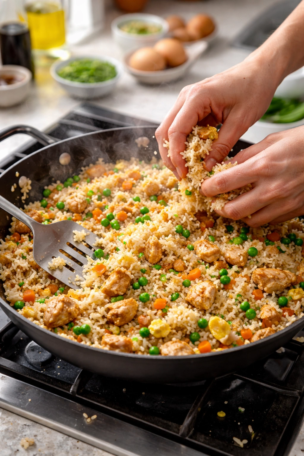 Rice grains being separated in a hot pan to create fluffy fried rice
