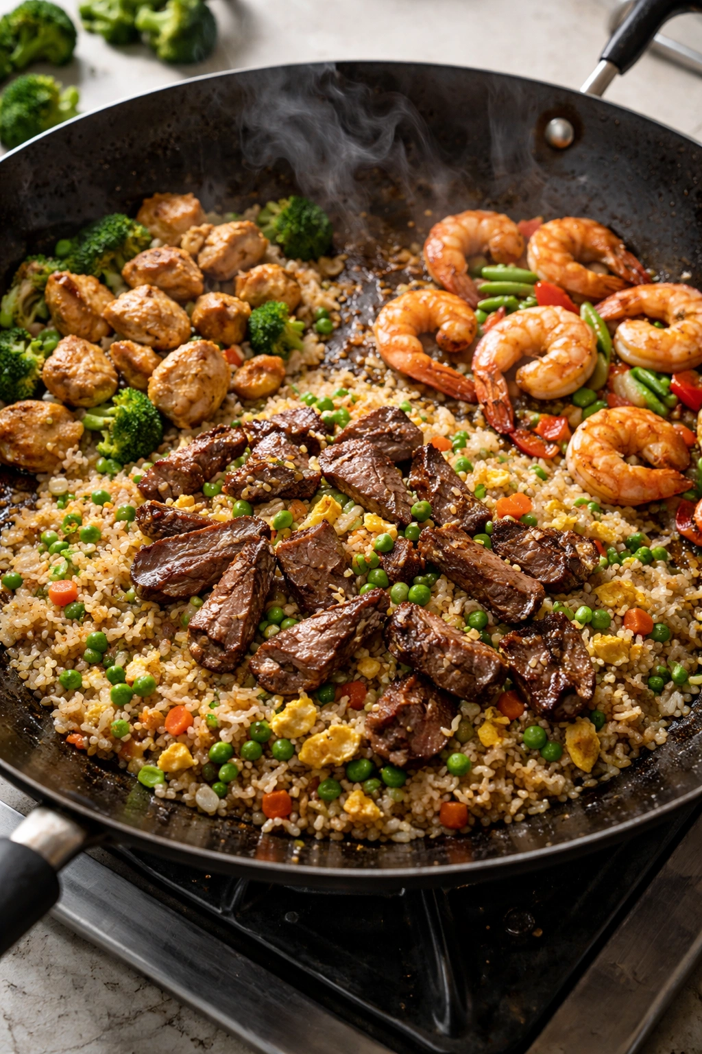 Wok with beef and hints of other proteins cooking