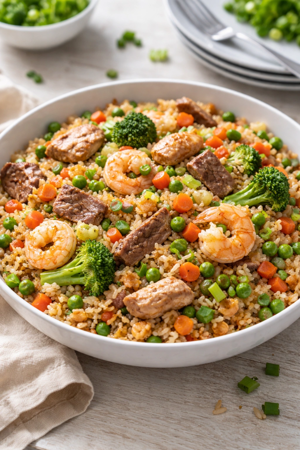 Plate of fried rice with diverse mix-ins integrated into the grains