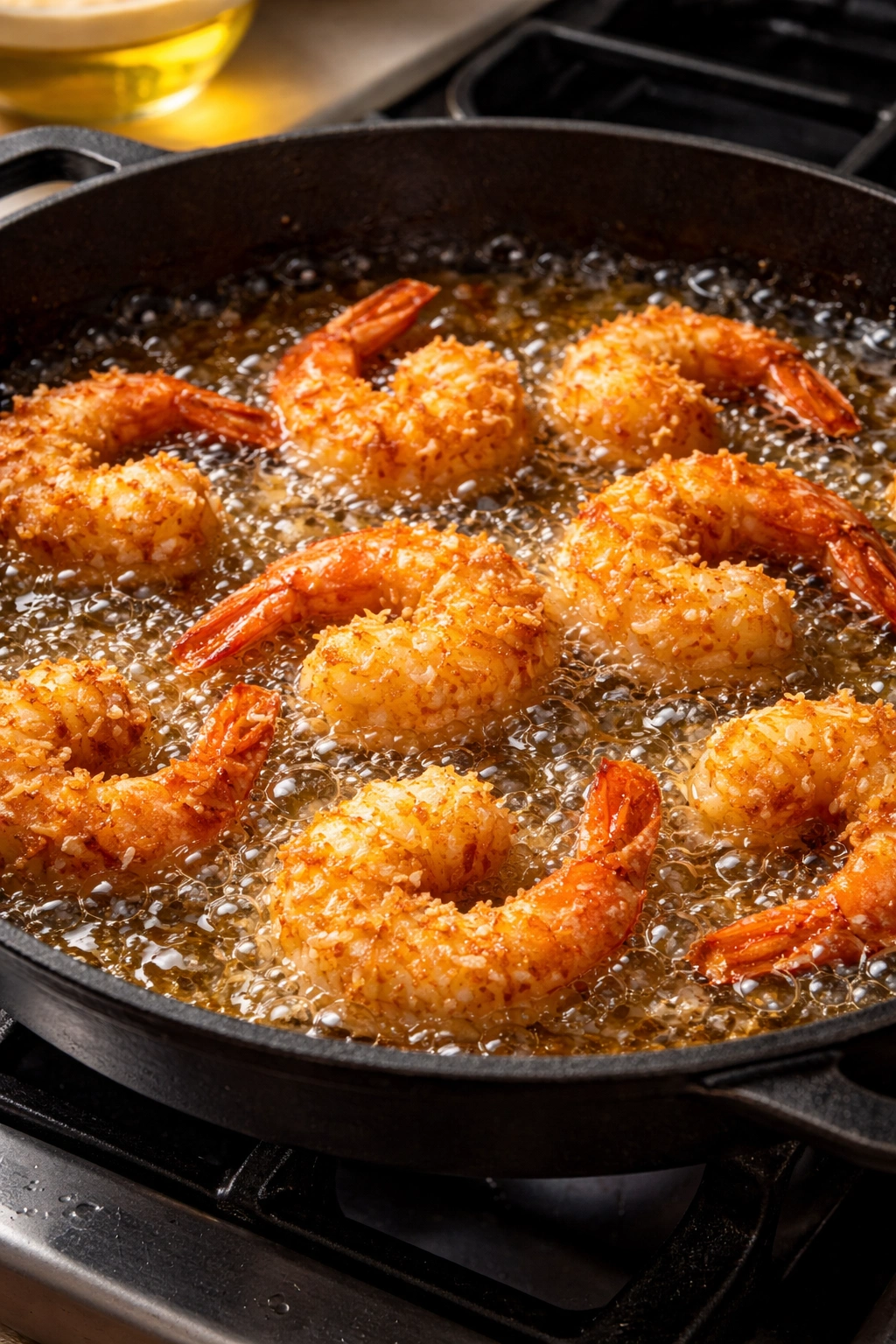 Shrimp frying in hot oil in a skillet with golden coating