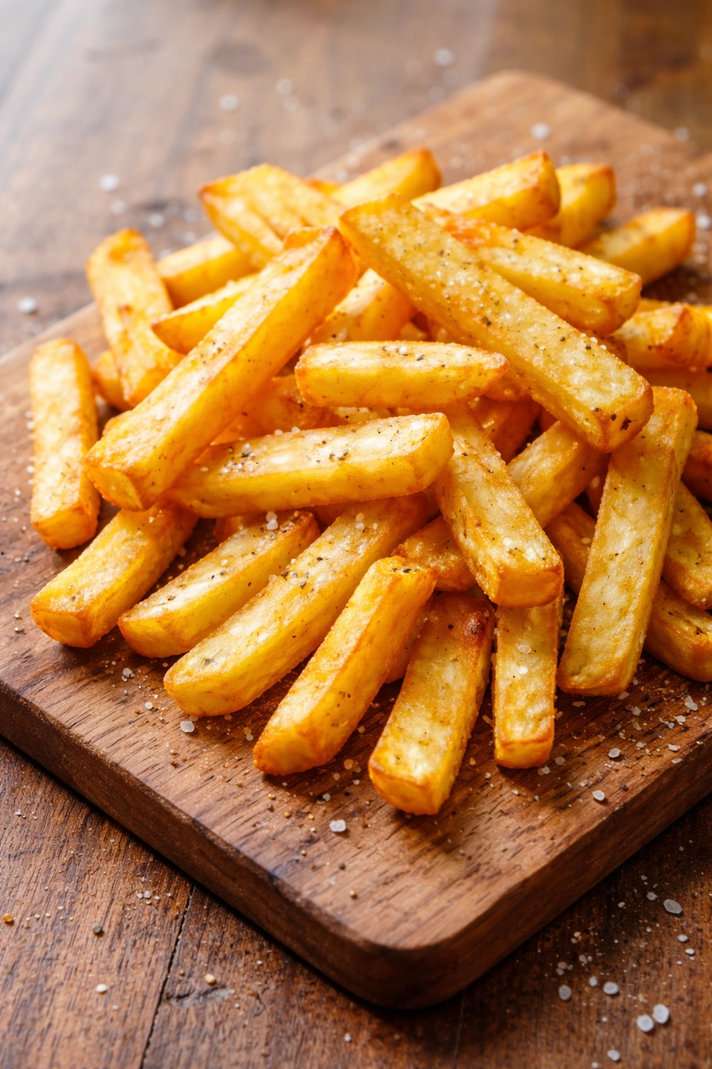 Pile of thick-cut French fries on a wooden board