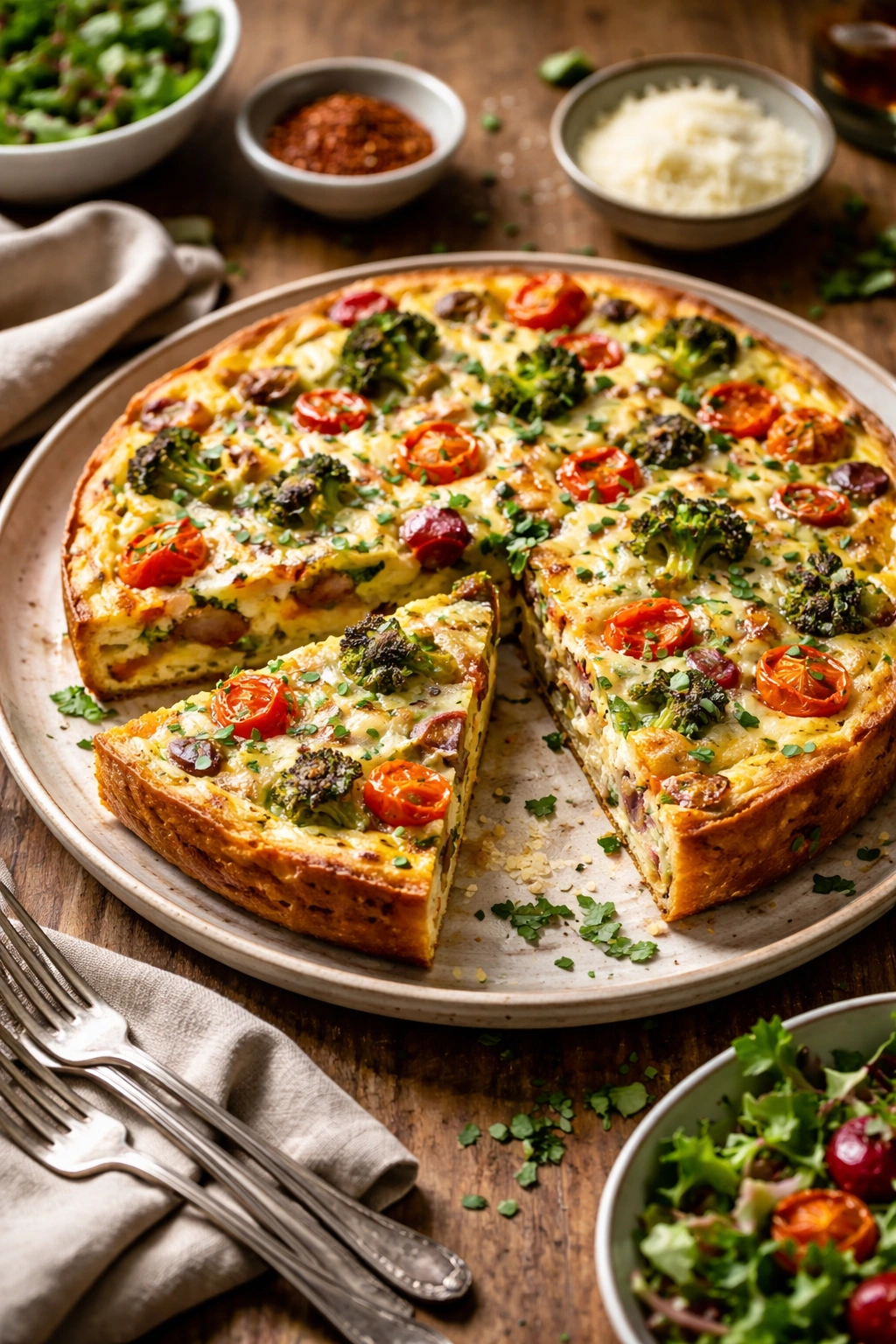 Slice of herbed cheese frittata with roasted vegetables