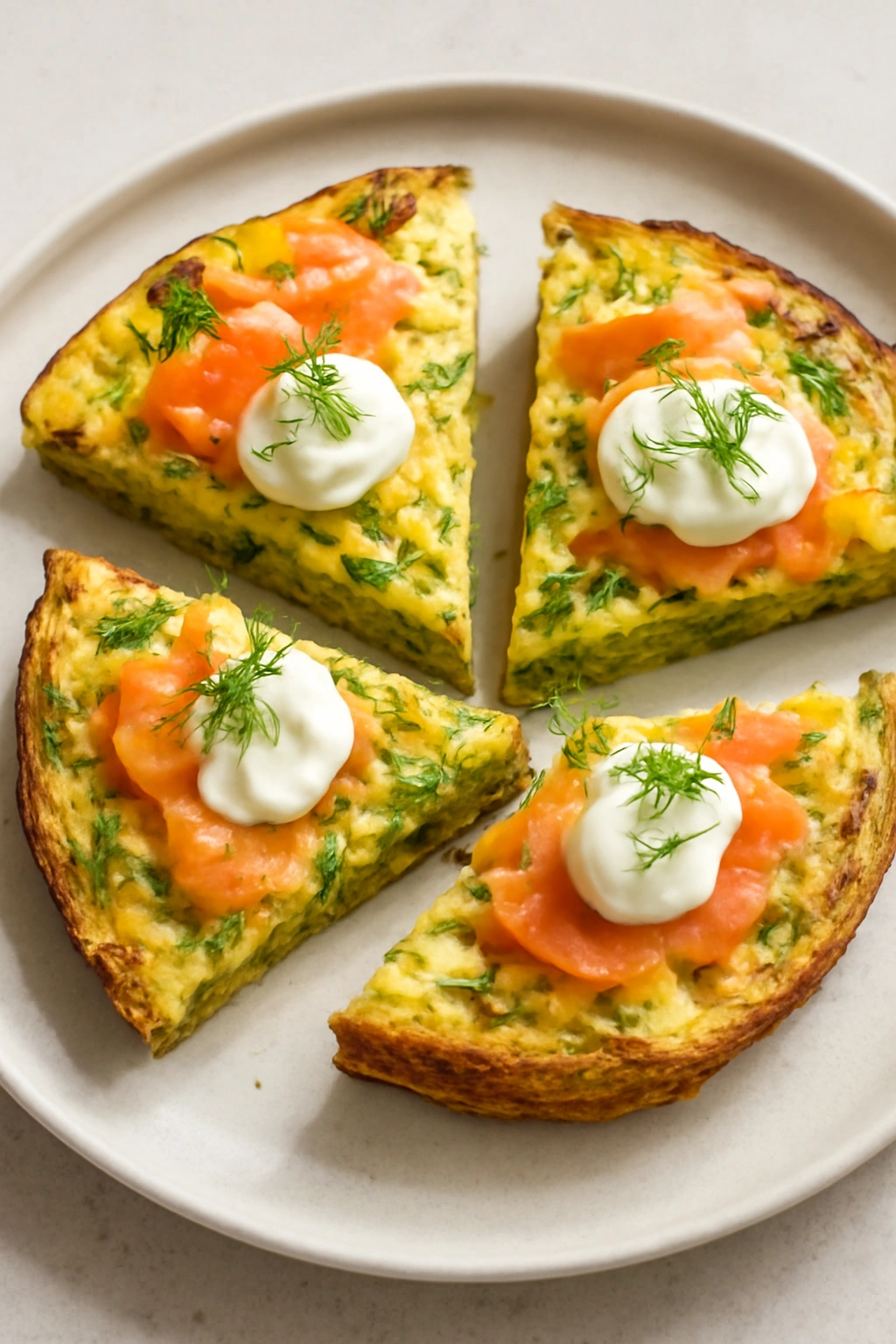 Frittata wedges with smoked salmon and dill on plate