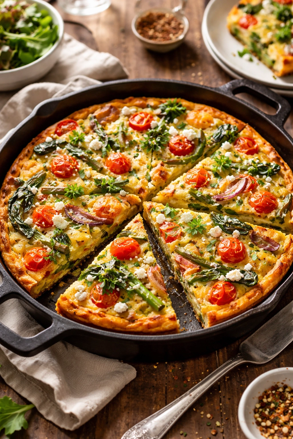 Golden frittata with colorful vegetables sliced into wedges