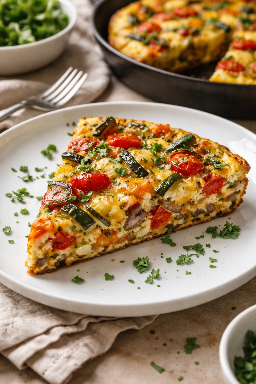 Slice of frittata with vegetables on plate