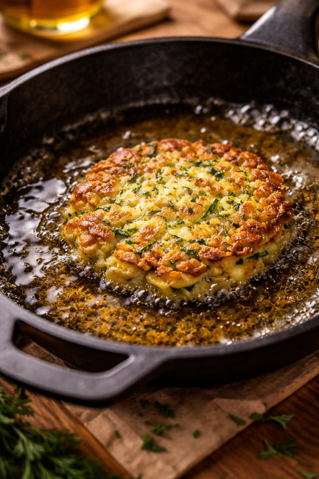 Golden crisp fritter frying in shallow oil