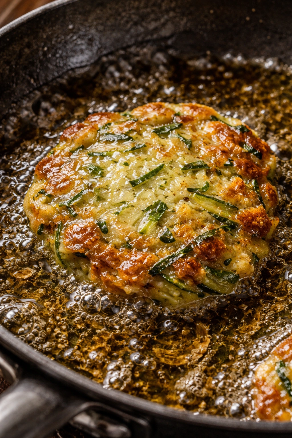 Close-up of a soggy greasy zucchini fritter in hot oil