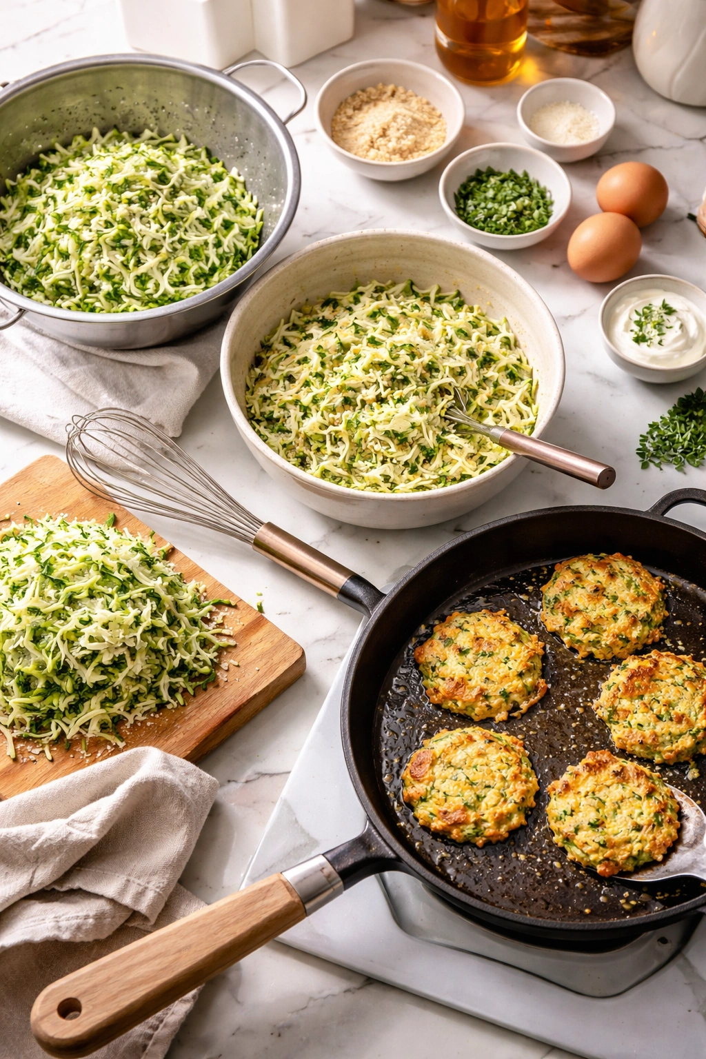 Kitchen scene with batter, zucchini, whisk, and pan ready to cook fritters