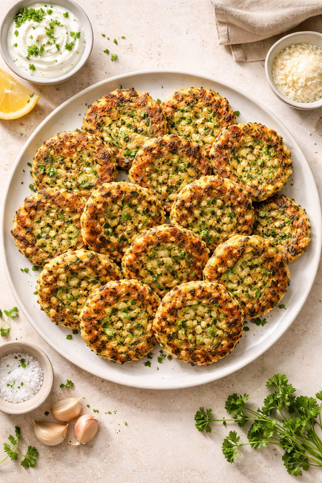Plate with about a dozen zucchini fritters