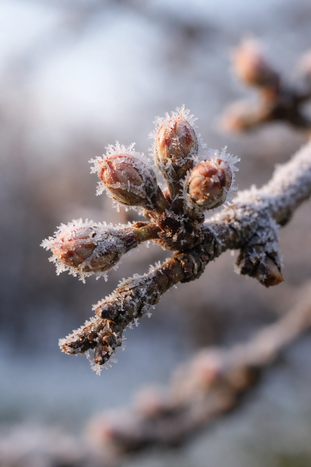 Apple tree buds frosted in morning light, showing late frost damage.