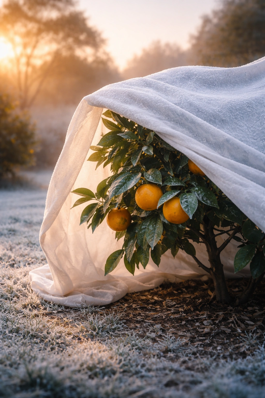 Citrus tree with frost cloth protecting against cold in dawn light