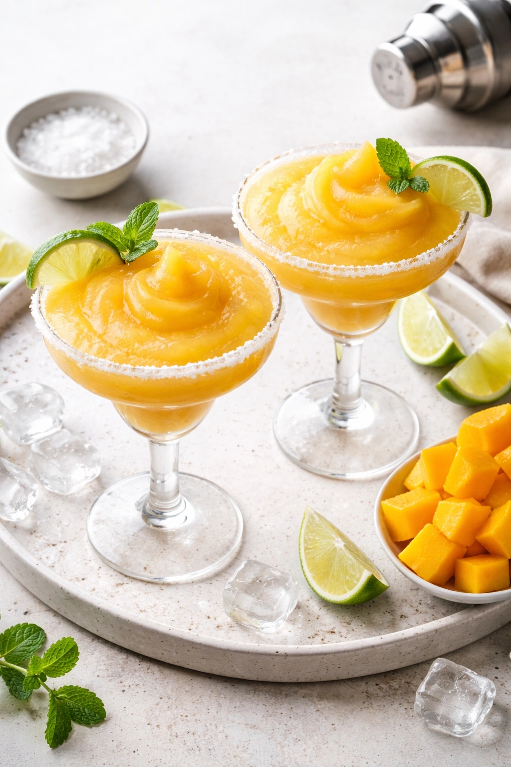 Two frosted margarita glasses on a tray with salt rims