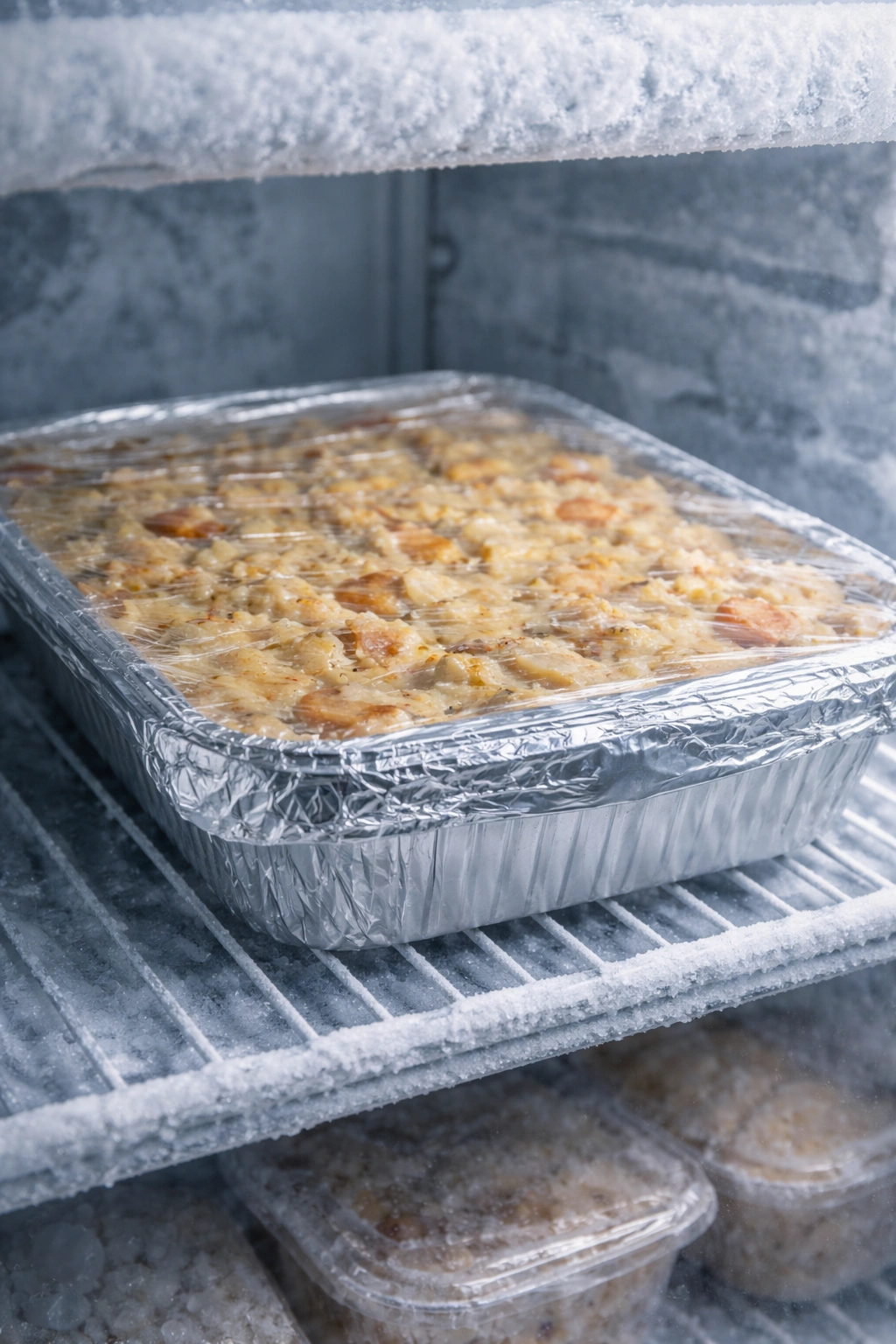 Wrapped frozen casserole in aluminum dish on freezer shelf
