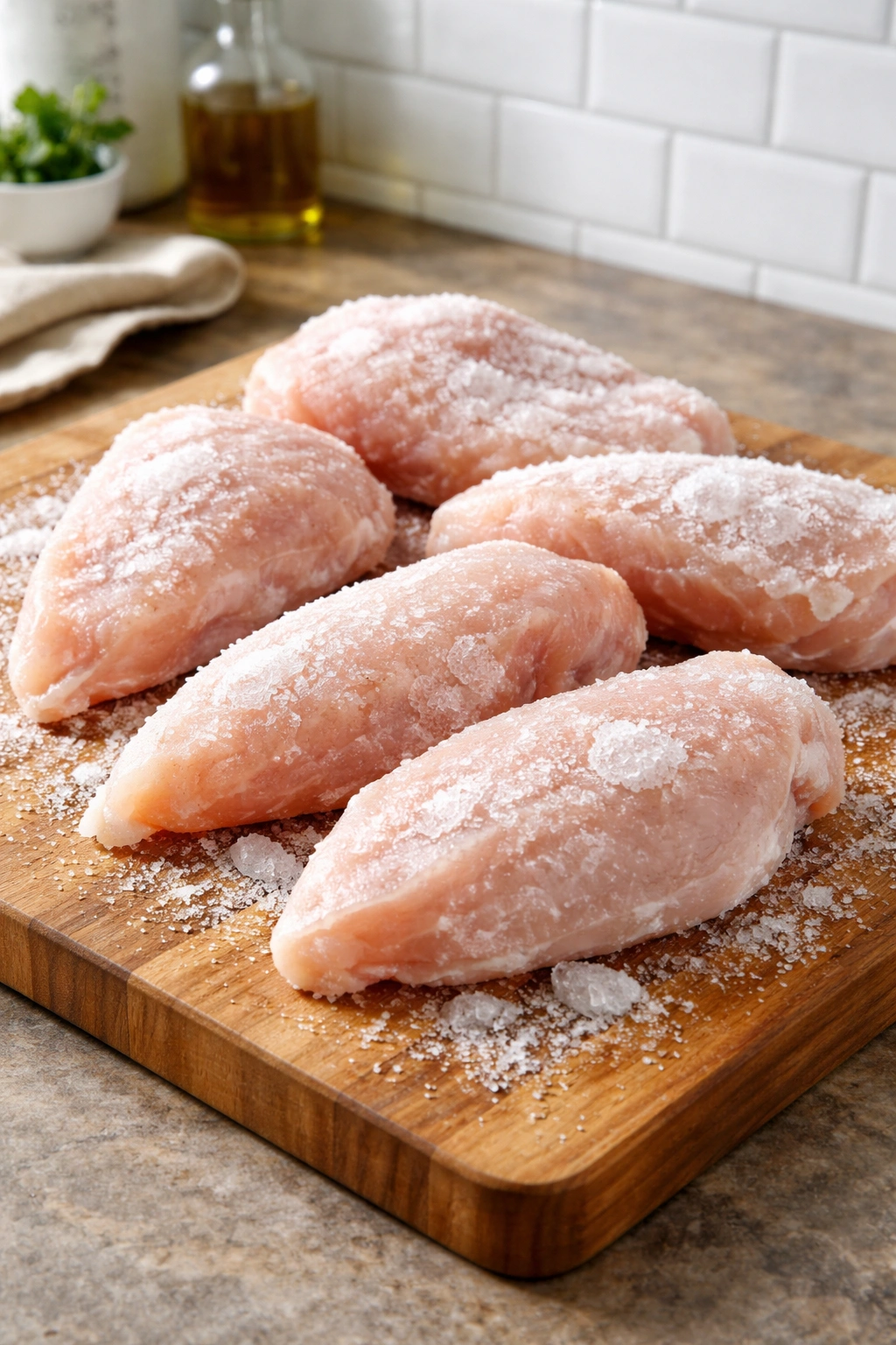 Frozen chicken pieces on cutting board with frost