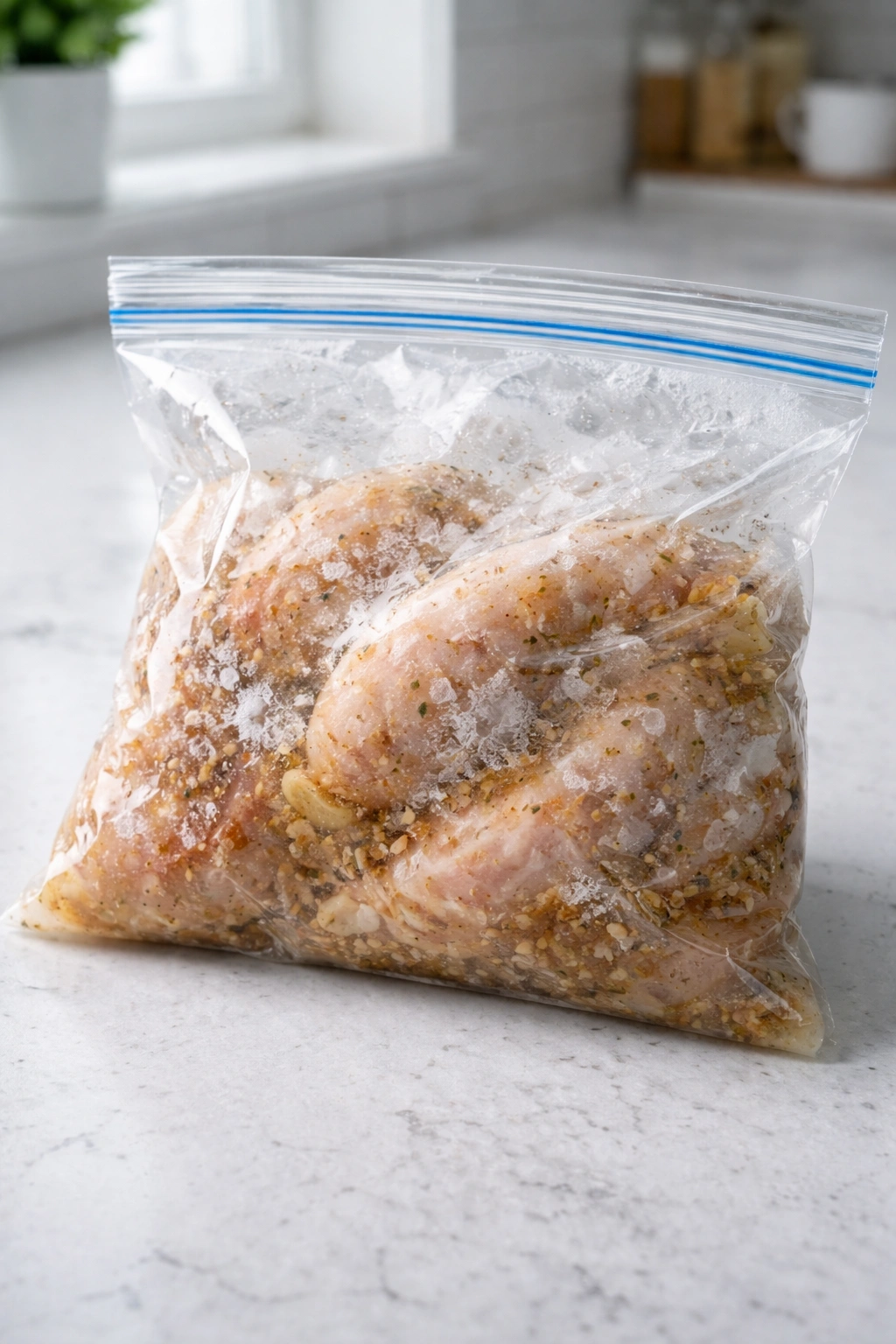 Frozen marinated chicken bag showing air pockets and frost on a counter